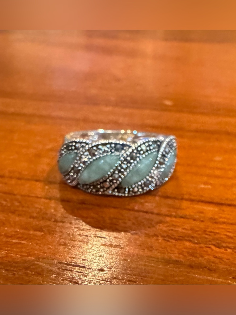 2005 Sterling Silver (925) Jadeite, Marcasite Ring, Marked NV, but it’s Avon—5.5